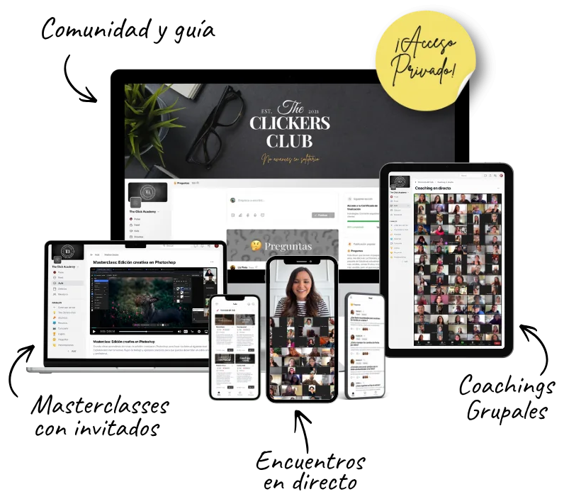 La plataforma de The Clickers Club en computadora, laptop, tablet y celular: comunidad, masterclasses, encuentros en directo y coachings grupales